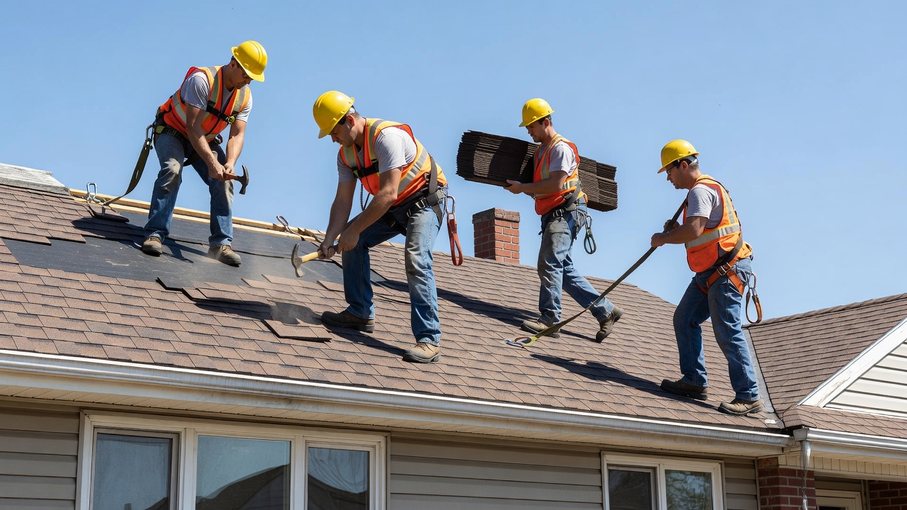 Crew installing shingles